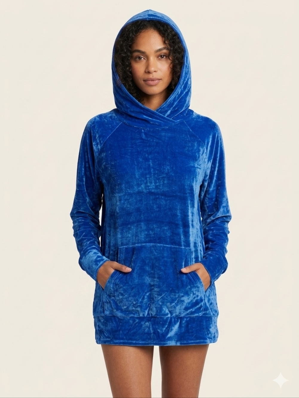 Women's Blue Velvet Hooded Pullover With Kangaroo Pocket